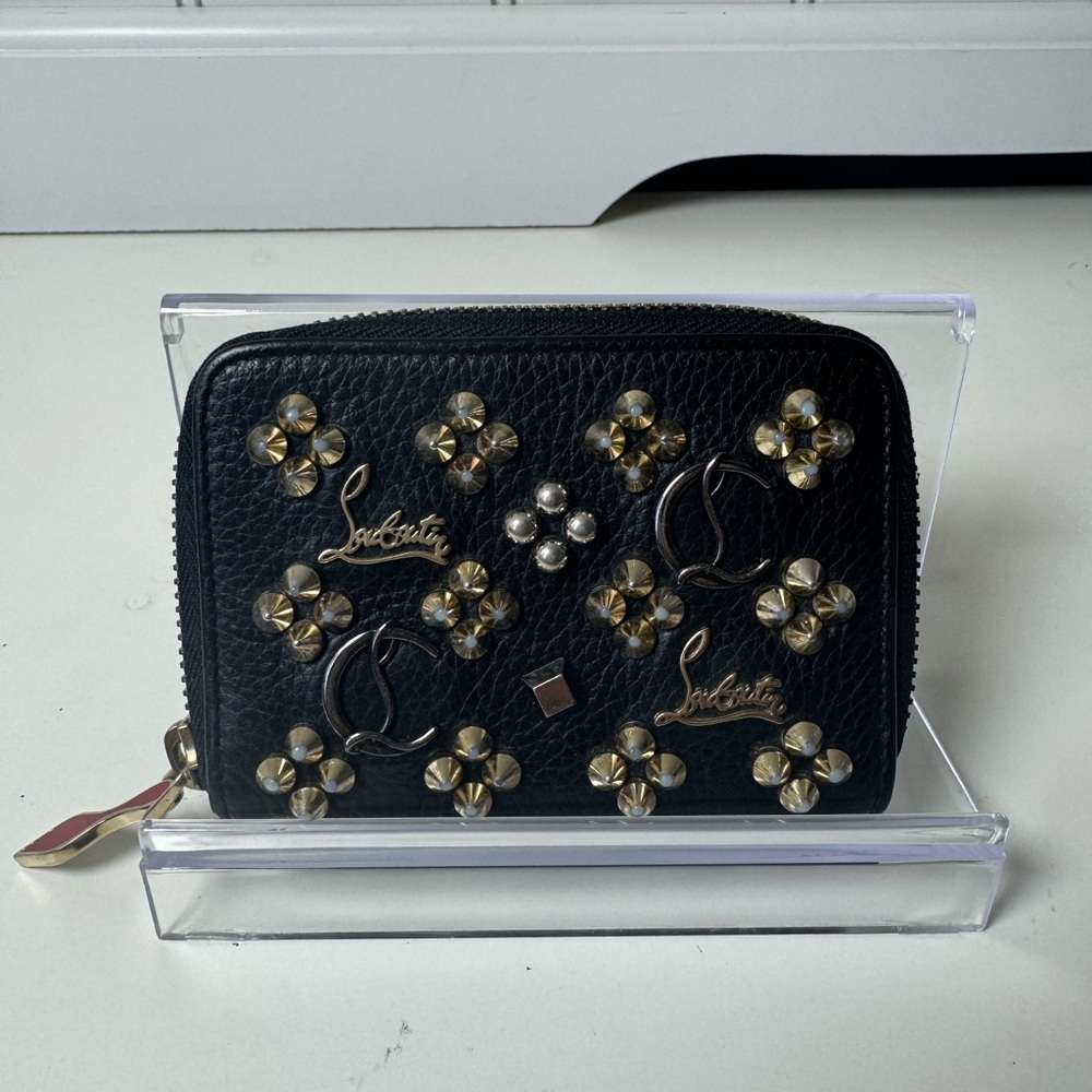 Christian Louboutin Women’s Panettone Studded Leather Coin Purse Black and Gold